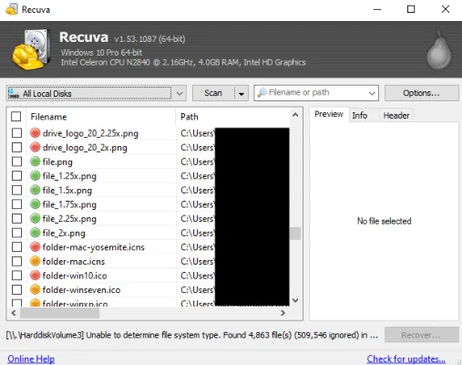 Recuva-Fenster mit einer Liste der wiederhergestellten Dateien