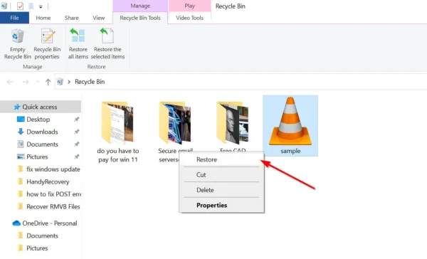 Wiederherstellen von Dateien mithilfe des Papierkorbs in Windows 10.
