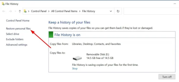 Option „Persönliche Dateien wiederherstellen“ im Fenster „Dateiversions-Systemsteuerung“.
