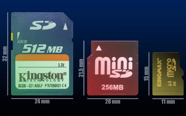 Vergleich und Größen von SD, MiniSD und MicroSD nebeneinander